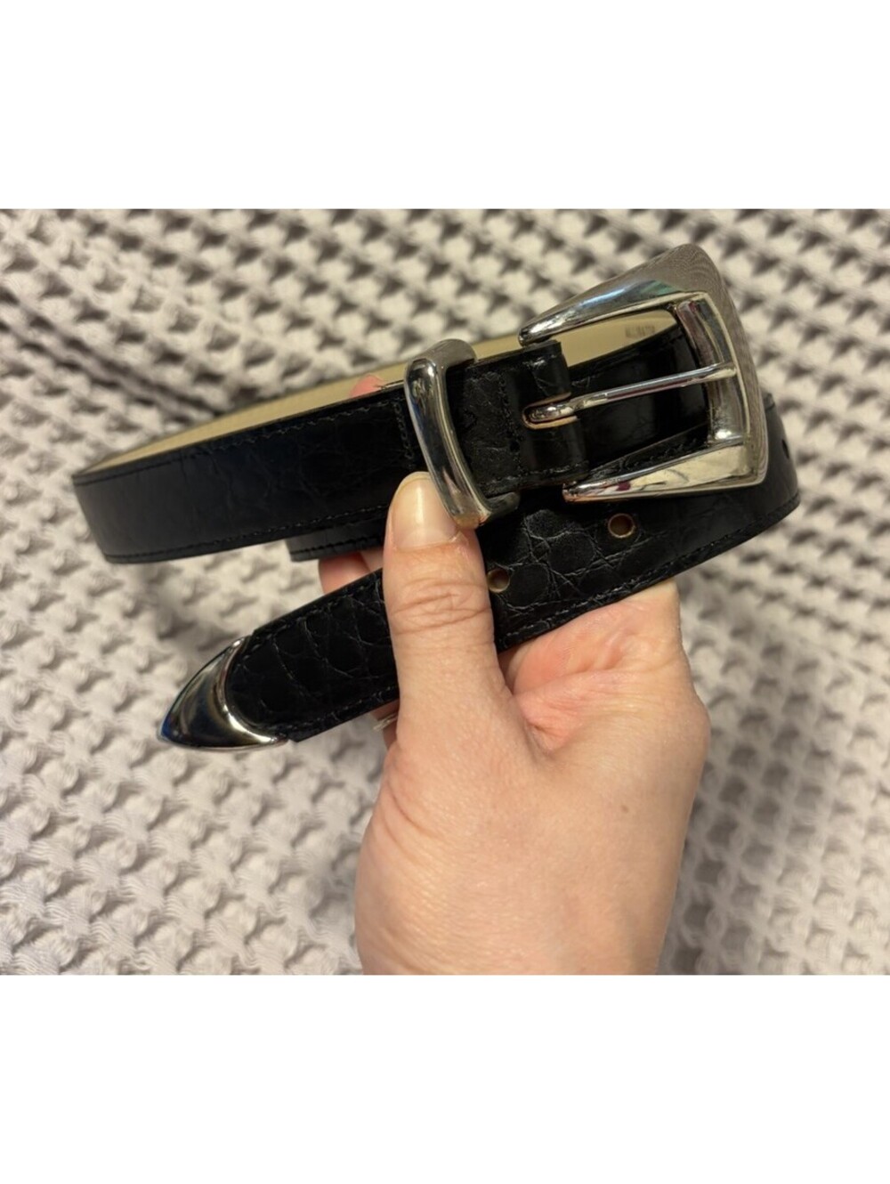 Black Alligator Bonded Leather Belt With Silver Western Style Hardware Large